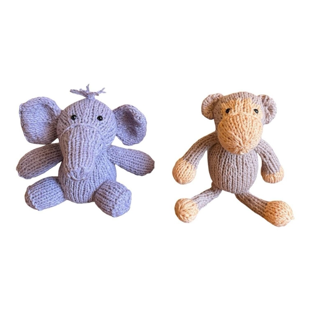 Handmade Elephant Monkey Stuffed Animals Knitted Set of 2 Small Toys Purple Gift